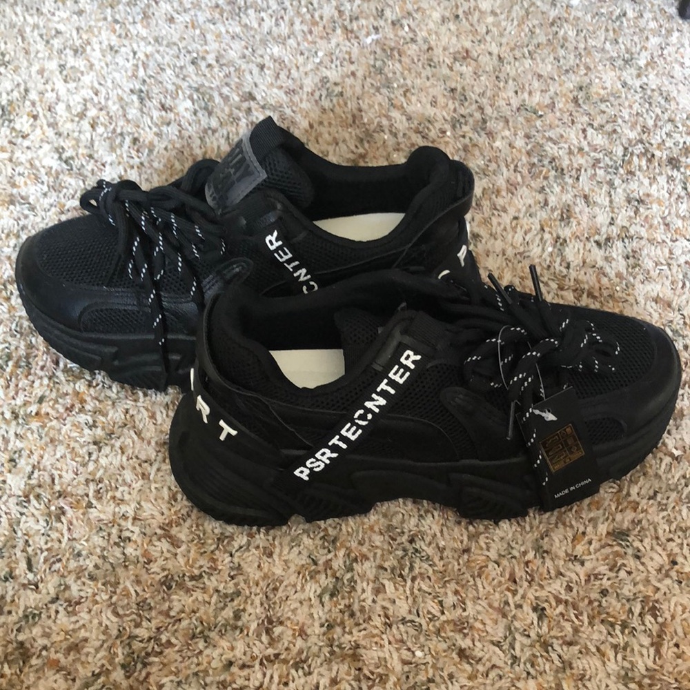 Black Chunk letter Tape Decor Mesh Platform Shoes